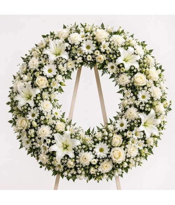 Corona completa de flores variadas · aro de 70 cm