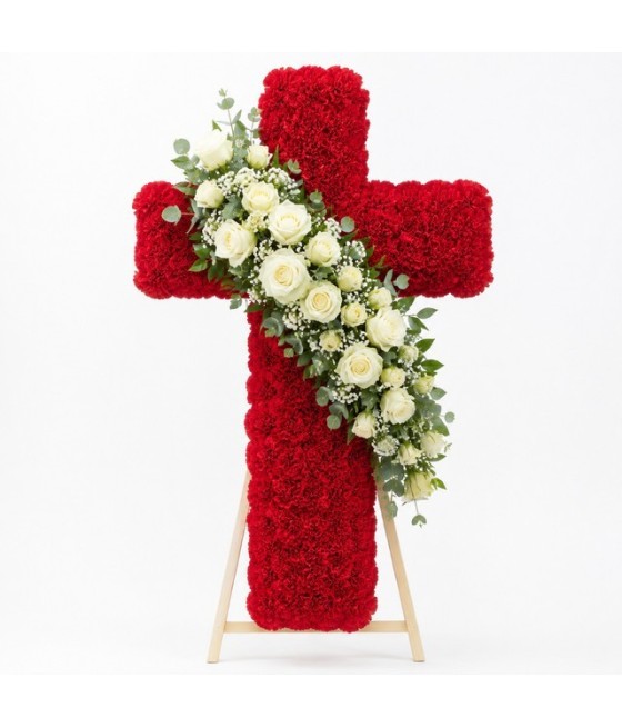 Cruz de claveles con penacho de rosas · 60 cm