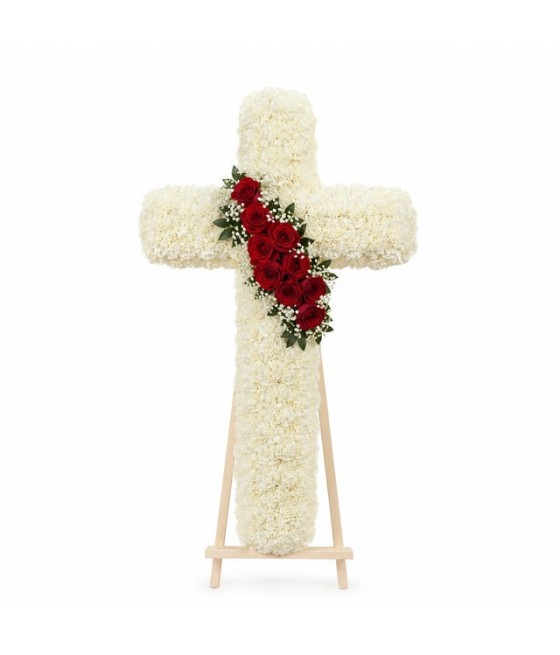 Cruz de claveles con penacho de rosas · 70 cm